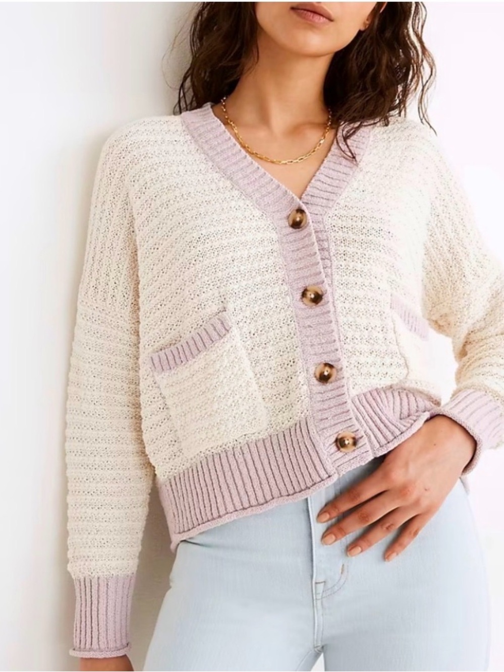 Madewell Cardigan with Lavender Trim Button-Front.